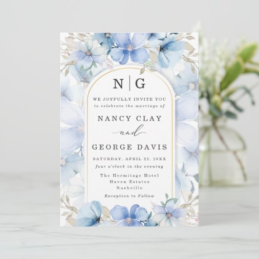 Elegante stoffige blauwe bloementuin Monogram brui Kaart (Staand voorkant)