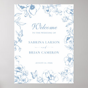 Elegante stoffige blauwe bloemrijke tuin bruiloft poster