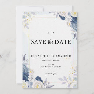Elegante stoffige blauwe en gouden bloemenbruiloft save the date