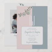 Elegante stoffige blauwe en roze bloemen foto brui kaart (Voorkant / Achterkant)