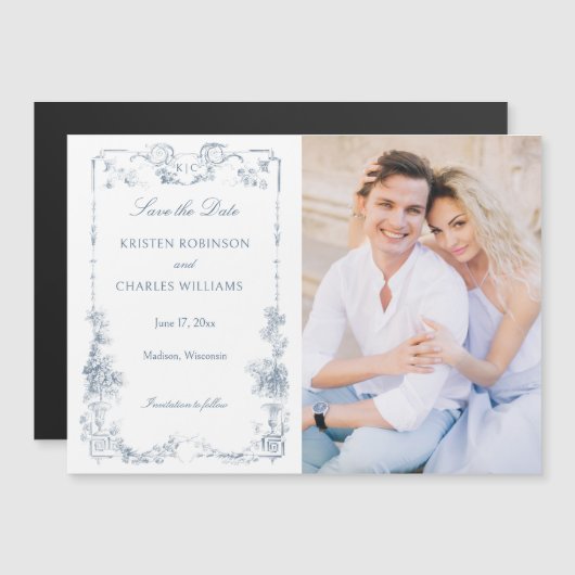 Elegante stoffige blauwe Franse bloem Save the Dat Magnetische Uitnodiging (Voorkant / Achterkant)