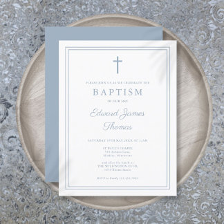 Elegante stoffige blauwe grens doop uitnodiging