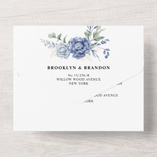 Elegante stoffige blauwe groen bruiloft benodigdhe all in one uitnodiging (Achterkant)