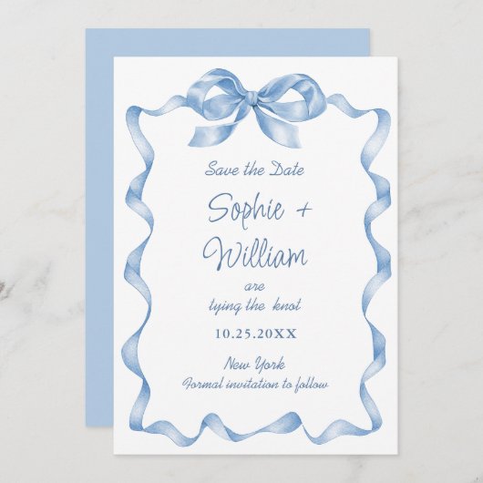 Elegante stoffige blauwe hand getekende boog bruil save the date (Voorkant / Achterkant)
