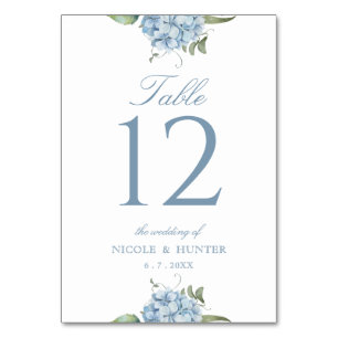 Elegante stoffige blauwe hortensia huwelijks tafel kaart