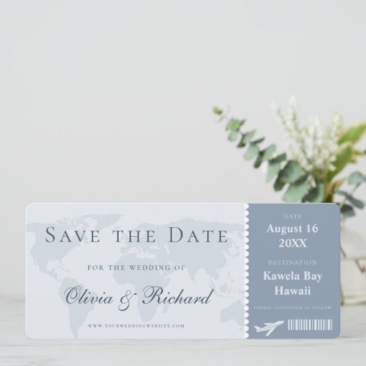 Elegante stoffige blauwe instapkaart Save the Date Kaart (Staand voorkant)