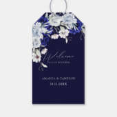 Elegante stoffige blauwe marine bloemenbruiloft cadeaulabel (Achterkant)