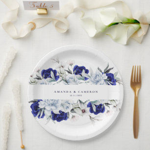 Elegante stoffige blauwe marine bloemenbruiloft papieren bordje