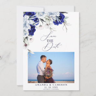 Elegante stoffige blauwe marine bloemenbruiloft save the date