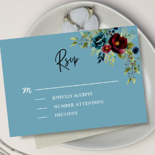 Elegante stoffige blauwe marine roodbloemige trouw RSVP kaartje