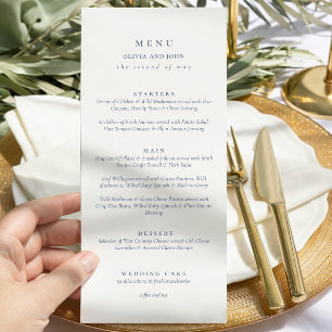 Elegante stoffige blauwe script dubbelzijdige trou menu