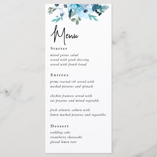 Elegante stoffige blauwe witte bloemen bruiloft me menu (Voorkant)
