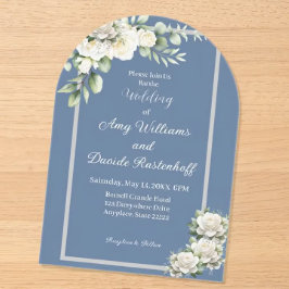 Elegante stoffige blauwe witte rozen bruiloft acryl uitnodigingen