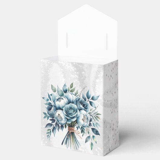 Elegante stoffige blauwe zilveren boeket bruiloft bedankdoosjes (Geopend)