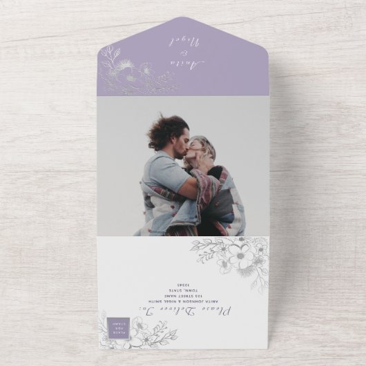 Elegante stoffige Paarse bruiloft All In One Uitnodiging (Buitenkant)
