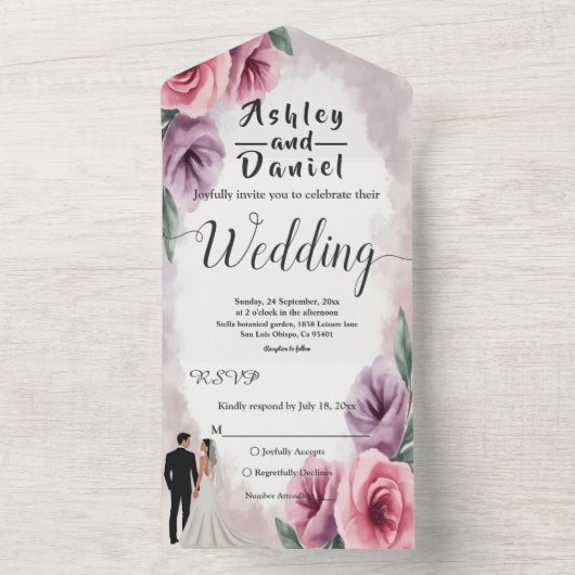 Elegante stoffige Paarse Waterverf bloemenbruiloft All In One Uitnodiging (Binnen)