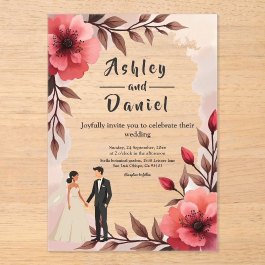 Elegante stoffige Roos bruid en bruidegom bloemenb Acryl Uitnodigingen (Voorkant)