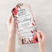 Elegante stoffige Roos bruid en bruidegom bloemenb All In One Uitnodiging (Afscheurbaar)