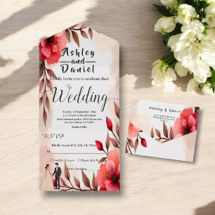 Elegante stoffige Roos bruid en bruidegom bloemenb All In One Uitnodiging