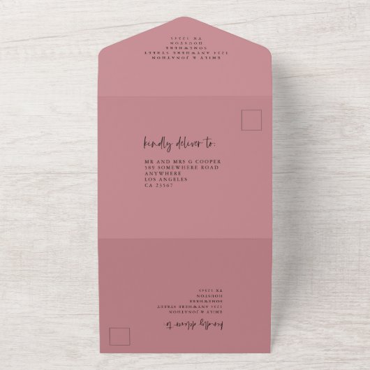 Elegante stoffige Roos script bruiloft All In One Uitnodiging (Buitenkant)