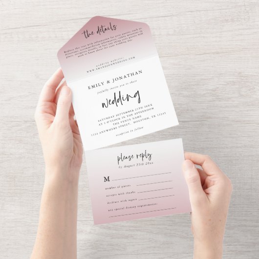 Elegante stoffige Roos script bruiloft All In One Uitnodiging (Afscheurbaar)