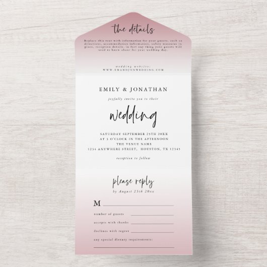 Elegante stoffige Roos script bruiloft All In One Uitnodiging (Binnen)