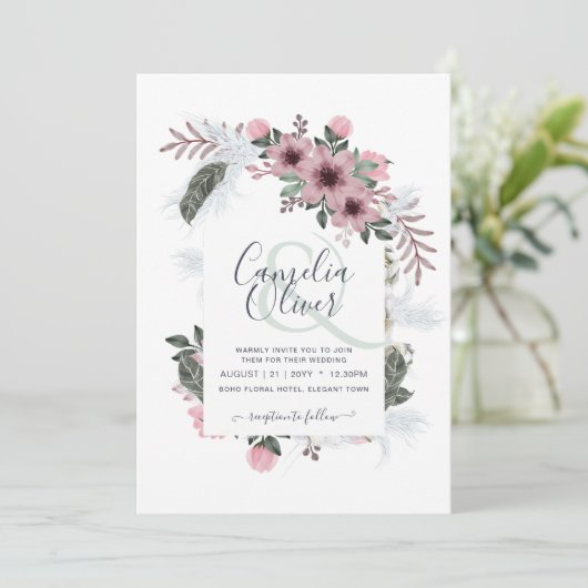 Elegante stoffige roze ampersand bloemboog bruilof kaart (Staand voorkant)