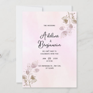 Elegante stoffige roze botanische trouwuitnodiging kaart