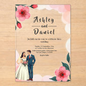 Elegante stoffige roze bruid en bruidegom bloemenb acryl uitnodigingen (Voorkant)