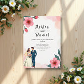 Elegante stoffige roze bruid en bruidegom bloemenb kaart