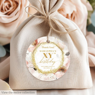 Elegante stoffige roze ivoor gouden verjaardag gun bedankjes labels