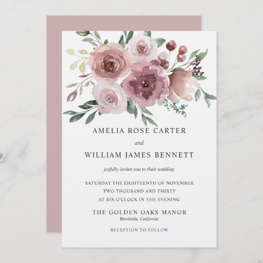 Elegante stoffige roze roos moderne bloemenbruilof kaart (Voorkant / Achterkant)