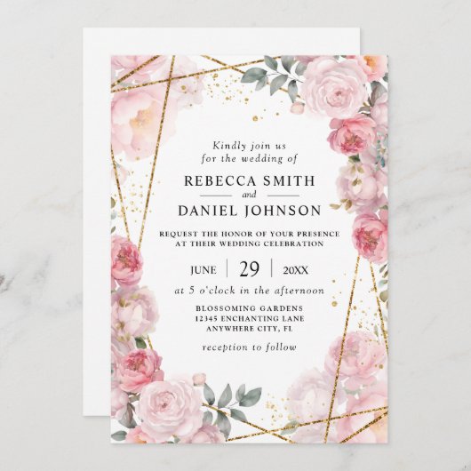Elegante stoffige roze rozen en gouden geometrisch kaart (Voorkant / Achterkant)