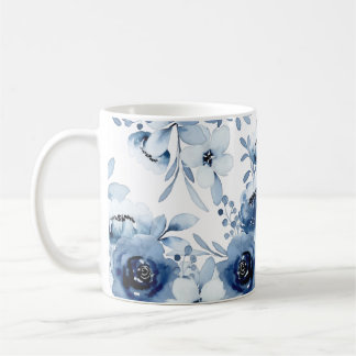 Elegante Stormy Blue Floral Waterverf Koffiemok
