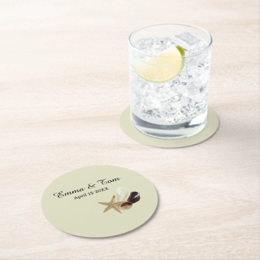 Elegante strand bruiloft kust oceaan bestemming ronde kartonnen onderzetter (Insitu)