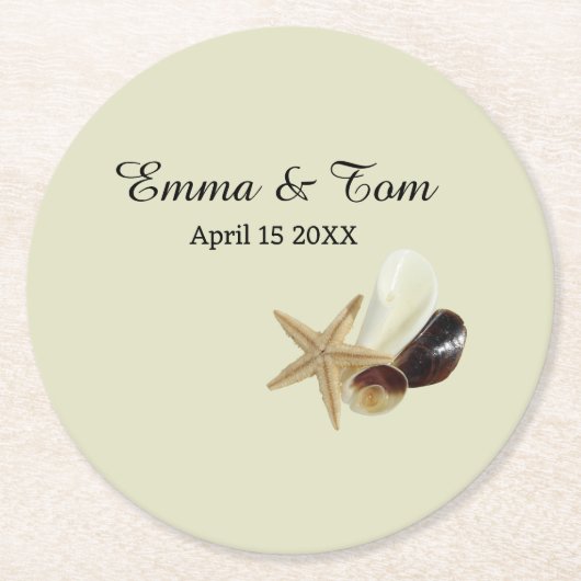 Elegante strand bruiloft kust oceaan bestemming ronde kartonnen onderzetter (Voorkant)