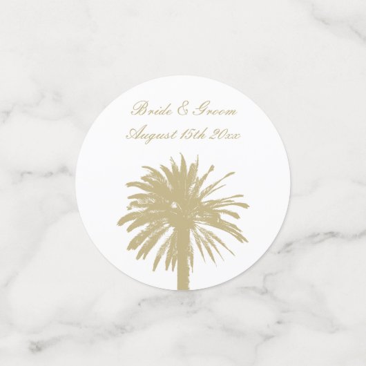 Elegante strand bruiloft palm boom monogram tafel confetti (Kleine voorkant)