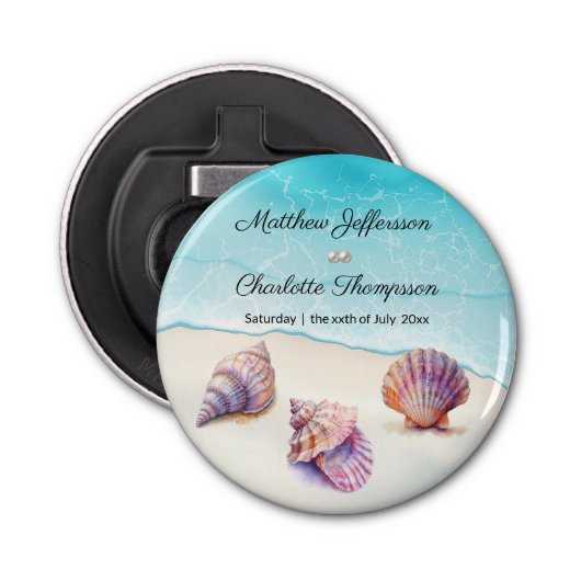 Elegante strand bruiloft zeeschelpen parels nautis button flesopener (Voorkant)
