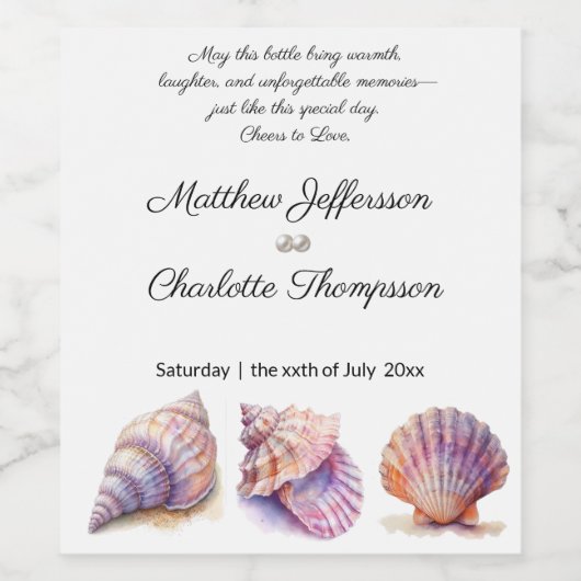 Elegante strand bruiloft zeeschelpen parels nautis wijn etiket (Enkel label)