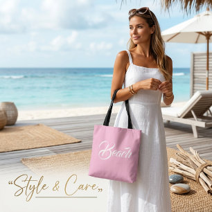 Elegante strandtekst markering zachte roze tote on draagtas