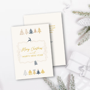 Elegante Strik en Chic Trees Doodle Cream Kerstkaa Feestdagenkaart