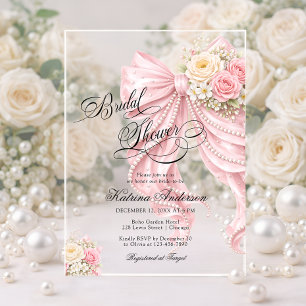 Elegante strik roze bloem bruiloftsfeest acryl uitnodigingen