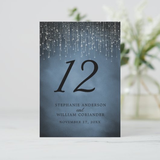 Elegante String Lights Navy Blue Trouwtafel No. Informatiekaartje (Staand voorkant)