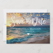 Elegante String Lights QR Code Sunset Beach Bruilo Save The Date (Voorkant)