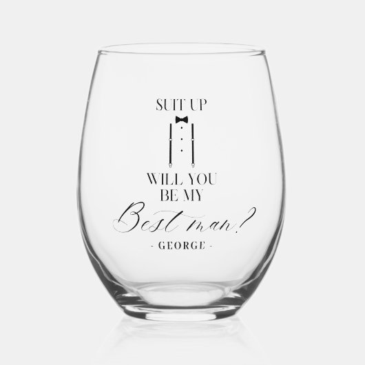 Elegante stropdas met bretels bruidsjonker uitnodi wijnglas zonder voet (Voorkant)