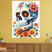 Elegante suikerschedel met bloemen canvas afdruk (Insitu (Woonkamer))