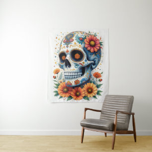 Elegante suikerschedel met bloemen wandkleed