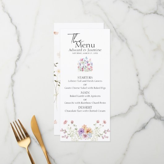 Elegante Summer Meadow Wildflowers Wedding Menu (Voorkant / Achterkant in situ)