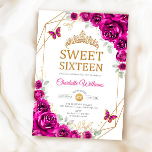 Elegante Sweet 16 Fuchsia Roze Rozen Goud Kaart