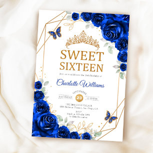Elegante Sweet 16 Koningsblauwe Rozen Goud Kaart